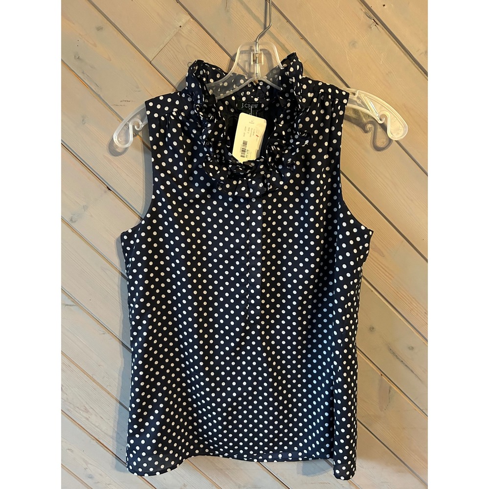 J.Crew Womens Navy Blue White Polka Dot Ruffle Neck Sleeveless Blouse Top Size 2